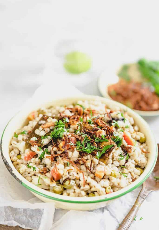 Quinoa Barley Pilaf with Kale, Carrot, Pine Nuts and Lemon Zest