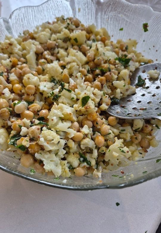 Roasted Cauliflower & Chickpeas with Grainy Mustard Dressing